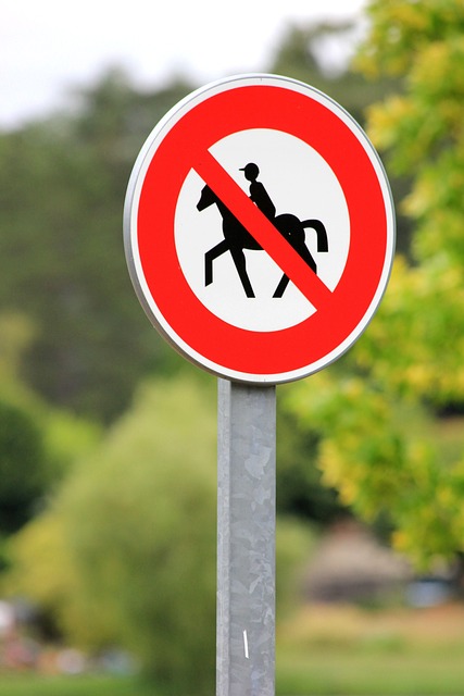 street sign, no horseback riding, road sign